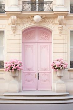 a pink door with two flower pots on the steps in front of an ornate building