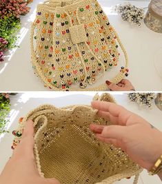 two pictures of a handbag being sewnted with beading and crochet