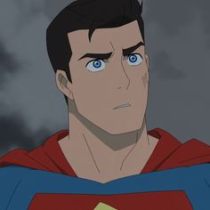 a man with blue eyes and a red cape standing in front of a cloudy sky