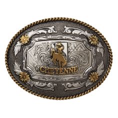 Product Details: Cheyenne buckin’ bronco rider design Classic western engraving Antique gold and silver 3" H x 4" W Rope edge border Oval Fits belts up to 1 3/4" wide Zinc Western Engraving, Cowboy Belt Buckles, Western Lifestyle, Cowboy Belt, Lifestyle Inspiration, Handcrafted Leather, Belt Buckle, Gold And Silver, American Style