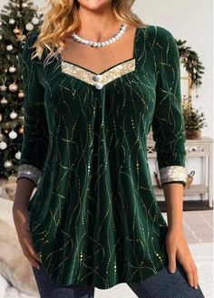 Color:Blackish Green;Size:M;Size:L;Size:XL;Package Contents:1 X T Shirt;Occasion:Other;Style:Casual; Dark Green Blouse, Womens Basic Tops, Geometric Sleeve, Collar T Shirt, Square Neck Top, Green Sequins, Collar Tshirt, Women Shirts Blouse, Plus Size Blouses