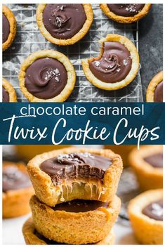 chocolate caramel tart cookie cups are stacked on top of each other with the title above it