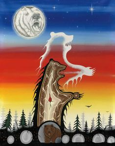 a painting of a bear and wolf in front of a full moon