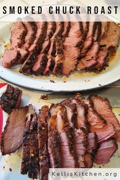 two white plates topped with sliced meat next to each other