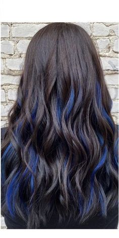 Dark Brunette With Blue Highlights, Blue Dyed Tips On Black Hair, Dark Brown Hair Balayage Summer Straight, Blue Black Lowlights In Brown Hair, Blue Hair For Brown Hair, Dark Brown And Dark Blue Hair, Blue Color Highlights Hair, Dark Blue Highlights In Dark Brown Hair, Blueberry Highlights Hair