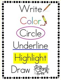 a poster with the words write, color, circle, underline, highlight and draw