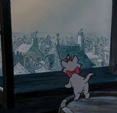 a cartoon cat looking out the window at another cat in front of it, with cityscape in the background