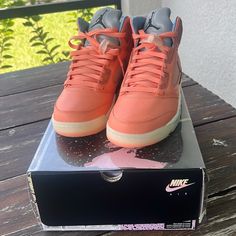 Brand New, Never Worn Jordan 5 Dj Khaled We The Best Size 7.5. Comes With Original Packaging And Accessories Pink Leather Basketball Shoes With Contrast Sole, Pink Leather High-top Sneakers With Cushioned Footbed, Casual Pink Basketball Shoes With Air Cushioning, Pink Leather Sneakers With Air Cushioning, Shoes Nike Jordan, Dj Khaled, Jordan 5, We The Best, Shoes Nike