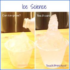 an ice science experiment is shown in two pictures