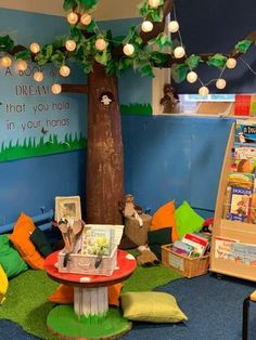 the children's playroom is decorated with books and toys, including a tree