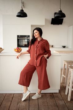 Linen pajama set includes a button-down shirt and culottes with pockets.  100% softened linen, 170-180 gsm OEKO-tex standard 100 certified  We have linen shirts and shorts in four sizes - XS - XXXL, but we are happy to make additional sizes for you. You can choose different sizes for your set. It includes a belt.  Please, CHECK the approximate measurements of the person. XS Bust - 31 - 33 inches (79-84 cm) Waist - 25.5 - 26.5 inches (65-68 cm) Hips - 34.5 - 36 inches (88-92 cm) S Bust - 33 - 34. Relaxed Fit Linen Button-up Bottoms, Casual Linen Sets For Relaxation, Linen Pajama Set, Terracotta Linen, Linen Shirt Outfit, Blue Terracotta, Shirts And Shorts, Mens Linen Pants, Cream White Color