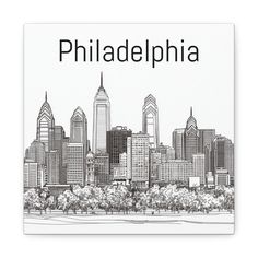 the philadelphia skyline in black and white with the word philadelphia on it's side