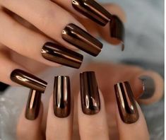 Nail Kits, Brown Nails Design, Metallic Nail, Chrome Nails Designs, Hocking Hills, Shiny Nails, Sticky Pads, Long Acrylic, Metallic Nails