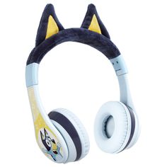 a pair of headphones with cat ears on top of each earpiece, one is blue and the other is yellow