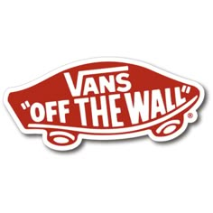 the vans off the wall sticker is red and white, with an image of a skateboard on it