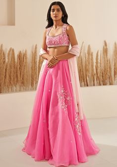 Pink Metallic Organza Embroidered Lehenga Set Zoon Tribe - Fabilicious Fashion Celebrity Lehenga Designs, Desi Party, Sheer Dupatta, Cancan Lehenga, Hot Pink Blouses, Organza Embroidery, Bridal Lehenga Collection, Lehenga Blouse Designs, Padded Blouse