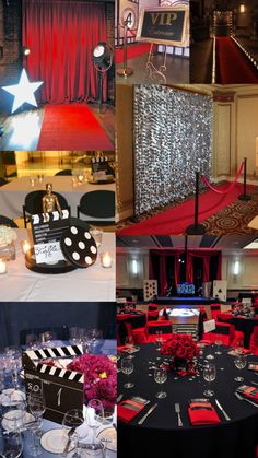 a collage of photos with red, black and white decor