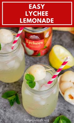 two mason jars filled with lemonade and ice