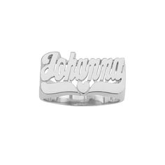 This SNS106 name ring is a classic name ring with script and center heart tail. Personalize this custom ring with the name of your choice. Treat yourself or make it a gift for loved ones, birthdays, anniversaries, or celebrations. * Personalize with name of your choice (only first letter is capitalized) * Solid Sterling Silver (0.925) * Plated in White Rhodium, Yellow Gold, or Rose Gold * Measures approx. 8.5mm from initial to tail * Weighs about 4.0 to 4.5 grams * Item Number: SNS106 Note: Plea Script Heart, Jewelry Classic, Classic Names, Name Ring, Name Rings, Soft Toothbrush, Custom Ring, Custom Rings, Item Number