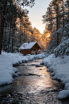 a stream running through a snow covered forest next to a small wooden cabin in the distance