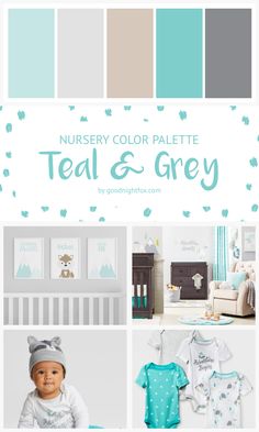 the nursery color palette teal and grey is featured in this postcard style photo