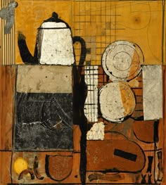 an abstract painting with coffee pots, plates and other items on a wooden table top