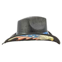 Flying bold eagle leatherette under brim applique. Band with US flag detail and USA star concho center. Aged look contrast trim and crown top. Turned up brim, 4" wide. Pinched, teardrop crown. Elasticized comfort sweatband. One size, fits up to 58.5 cm, M/L Unisex Black Country Straw Hat For Western-themed Events, Black Country Style Straw Hat For Western-themed Events, Black Brimmed Straw Hat For Country Events, Black Country Style Straw Hat With Curved Brim, Black Country Style Straw Hat With Flat Brim, Country Style Black Straw Hat With Short Brim, Black Brimmed Straw Hat For Western-themed Events, Black Curved Brim Straw Hat For Country Events, Black Wide Brim Straw Hat For Western-themed Events