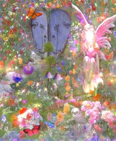 a fairy garden filled with lots of flowers and an open door that has a butterfly on it