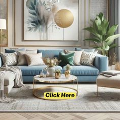 a living room with blue couches and green plants on the wall above them is an advertisement for click here