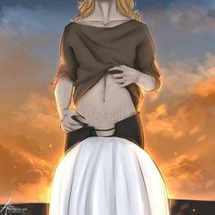 a drawing of a woman in a white dress standing with her belly wrapped around her waist