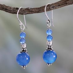 Sterling silver accents bright blue chalcedony beads in these original earrings from Narayani. Earrings With Beads, Homemade Earrings, Beaded Earrings Diy, Chalcedony Earrings, Homemade Jewelry, Work Jewelry, Jewelry Patterns, Jewelry Projects, Diy Earrings