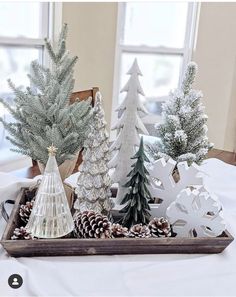 christmas trees and pine cones in a tray on a table