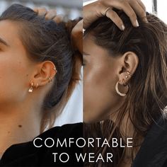 two images of woman with ear rings and the words comfortable to wear on them are shown