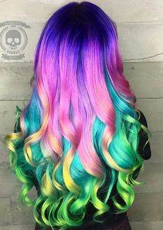 Purple pink rainbow dyed hair color inspiration @hairbymonika.q Rainbow Dyed Hair, Unicorn Hair Color, Rainbow Hair Color, Multicolored Hair, Unicorn Hair, Hair Dye Colors, Hair Inspiration Color