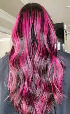 Red Hair With Hot Pink Highlights, Pink And Blue Highlights In Brown Hair, Dark Pink Hair Highlights, Unusual Hair Colours, Black And Pink Hair Ideas, Pink Highlights On Brown Hair, Hot Pink Highlights In Brown Hair, Hot Pink Peekaboo Hair, Brown Hair Pink Highlights