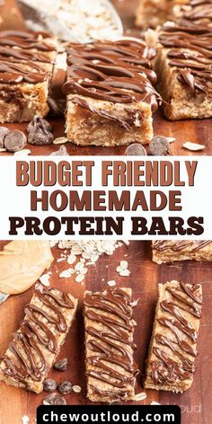 homemade protein bars with chocolate drizzled on top and text overlay that reads budget friendly homemade protein bars