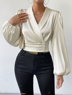 Apricot Elegant Collar Long Sleeve Satin Plain Top Embellished Non-Stretch  Women Clothing Classy Blouses, 2piece Outfits, Satin Bluse, Stylish Tops For Women, Blouse Casual Fashion, Women Blouses Fashion, Fashion Top Outfits, Stylish Work Attire, Fashion Tops Blouse