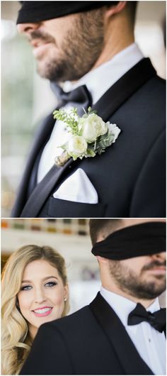 two pictures of a man in a tuxedo and a woman in a dress