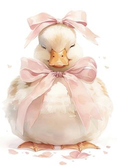 Animals With Bows Coquette, Duck Cute Art, Watercolour Duck, Cute Animals Illustration, Cute Watercolor Animals, Girly Clipart, Watercolor Farm Animals, Pink Paintings, Coquette Spring