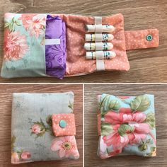 four different types of fabric with flowers and buttons on them, one is folded in half