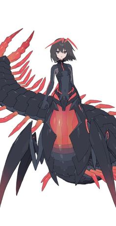 an anime character sitting on top of a large bird with red and black feathers around her legs