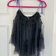 Tulle Embroidered Tank Top In Brand New Condition! Size Small But Could Fit Multiple Sizes. Adjustable Rope Tie Straps. Very Dark Blue Almost Black Color With Bluish Purple Straps. Embroidered Summer Evening Blouse, Embroidered Blouse For Summer Evenings, Embroidered Evening Blouse For Summer, Summer Bohemian Embroidered Top For Parties, Bohemian Embroidered Top For Summer Parties, Bohemian Style Embroidered Top For Summer Parties, Very Dark Blue, Embroidered Tank Top, Bluish Purple