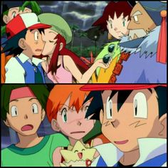 the pokemon movie is shown in three different pictures, including one with red hair and green eyes