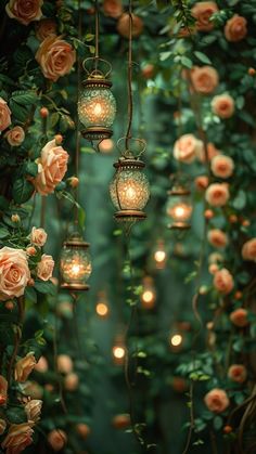 some lights that are hanging in the air with flowers around them and roses all around