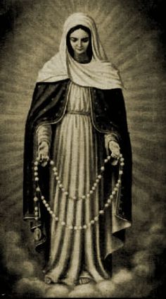 an old black and white photo of the virgin mary with rosarys on her hands