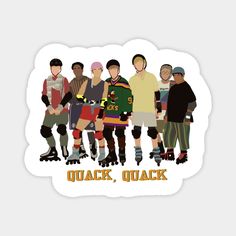 a group of people standing next to each other in front of a white background with the words quack, quack on it