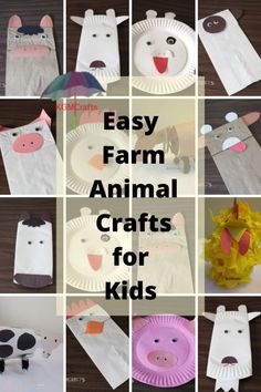 paper bag crafts for kids with farm animals on them and text overlay that says easy farm animal crafts for kids