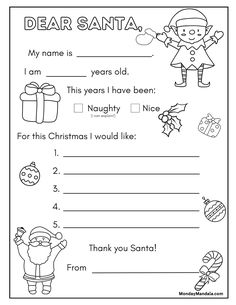 santa letter to santa printable worksheet for kids with pictures and words on it