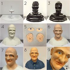 six different types of head and neck sculptures, each with an individual's face