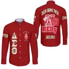 Personalized Delta Sigma Theta Long Sleeve Button Shirts Red Delta Are You Ready Style Red Graphic Print Button-up Top, Red Printed Button-up Top, Fitted Printed Red Shirt, Red Fitted Printed Shirt, Red Cotton Shirt With All Over Print, Fitted Red Printed Shirt, Button Shirts, Delta Sigma Theta, Button Shirt